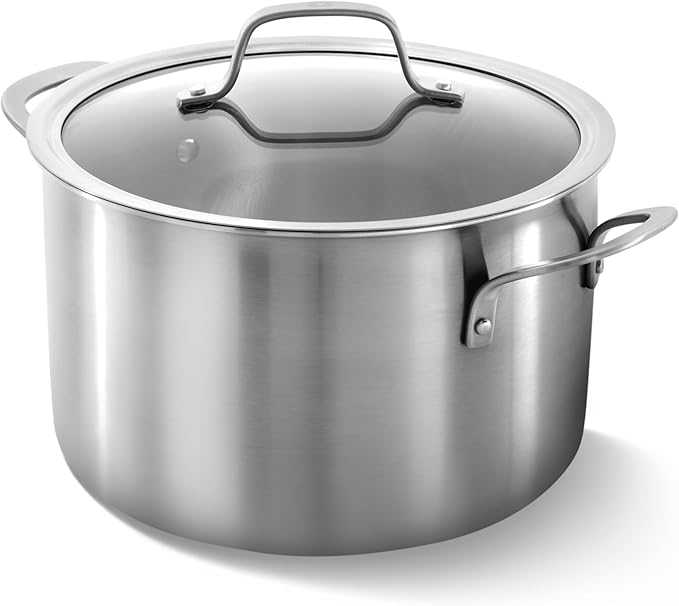 Calphalon Brushed 3-Ply Stainless Steel Cookware Set w/Turbo Heat Tech 6Qt Stock Pot with Lid Induction Oven Safe 450F Brushed Stainless Silver
