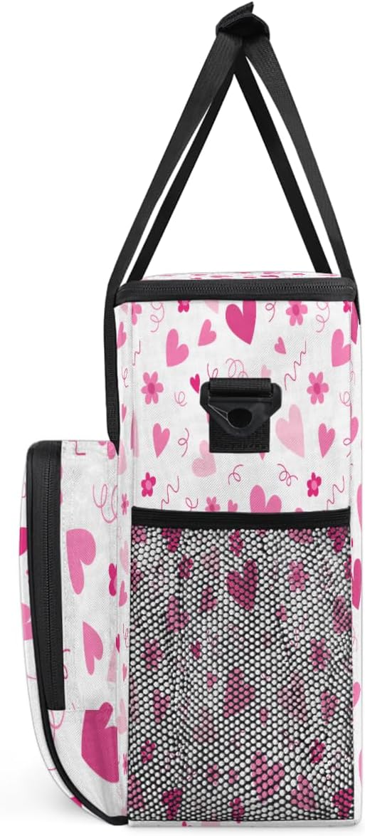 Valentine Pink Heart Flowers Coffee Maker Carrying Bag Coffee Machine Travel Storage Bag Compatible with K-Mini or K-Mini Plus Portable Single Serve Coffees Brewer Case with Pockets for K-Cup Pods