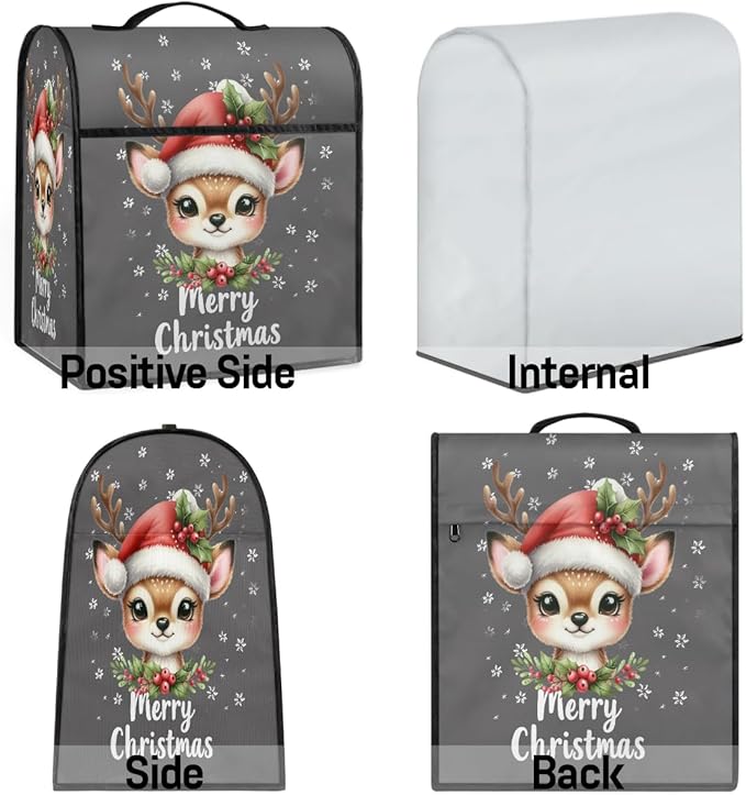 Kitchen Aid Mixer Cover Christmas Cute Deers Holly Stand Mixer Cover Compatible with 6-8 Quarts Stand Mixers Dust Covers with Zipper Pocket Foldable Washable Kitchen Aid Organizer Bag