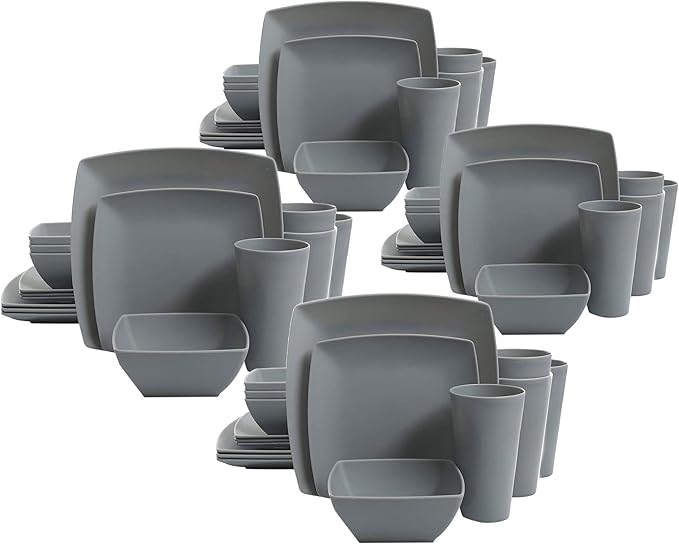 Gibson 99897.16R Home Soho Grayson Square Melamine Everyday 16 Pc Reactive Glaze Dinnerware Set Plates Bowls &amp Cups Dishwasher Safe Grey (4 Pack)