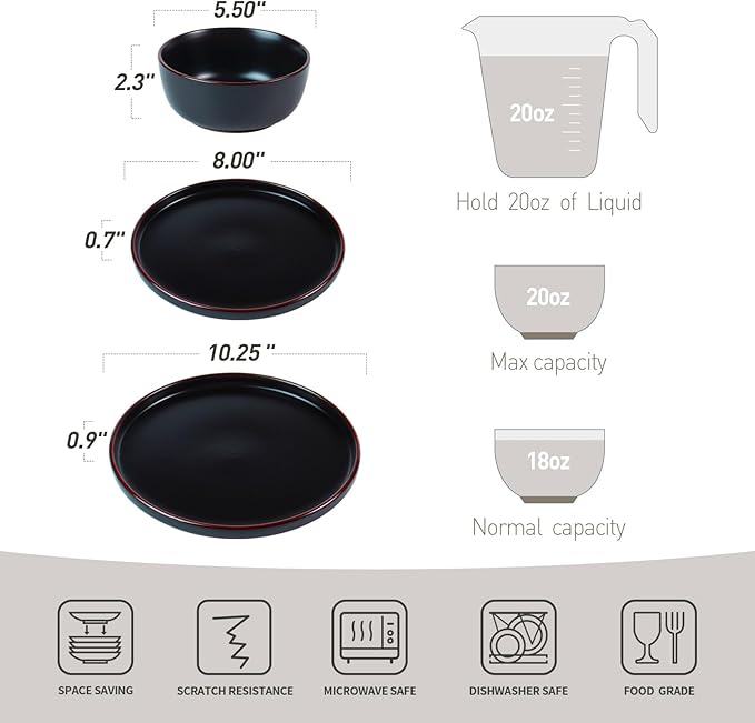 Famiware Mercury 16 Pieces Dinnerware Set with Plates and Bowls and Coffee Mugs Dish Set Service for 4 Stoneware Kitchen Dishes Dinner Sets - Full Glaze Matte Black