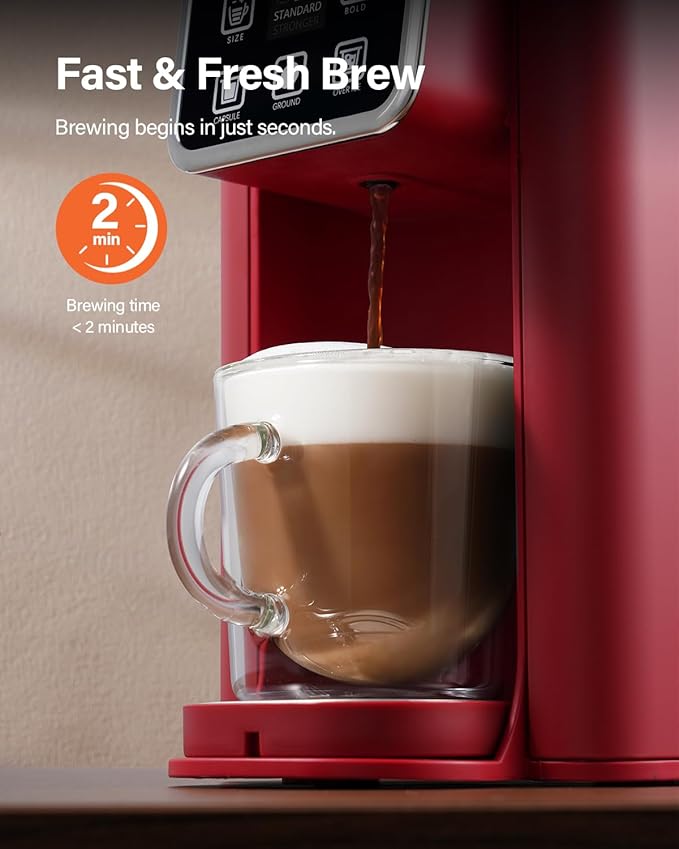 SHARDOR Single Serve Coffee Maker Hot and Iced Coffee Machine for K Cup Pods &amp Ground Coffee 6 to 14 oz Brew Sizes with 50 oz Removable Water Tank Bold Brew Setting Stainless Steel Red