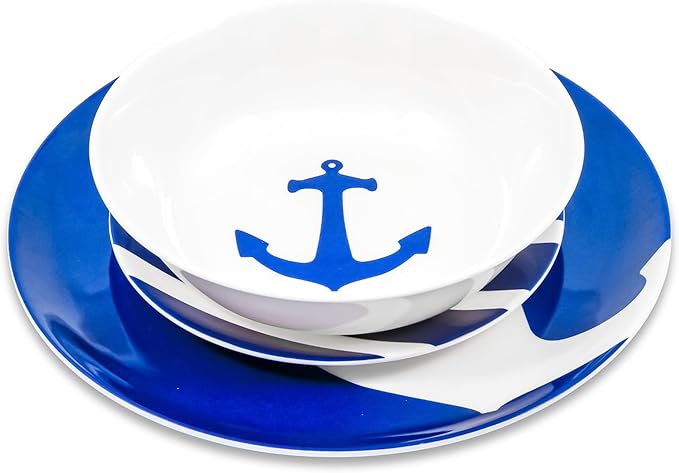 Camco 12 Piece Melamine Dishware Set - Features Blue and White Nautical Design - Includes 4 Bowls 4 Salad Plates &amp $ Dinner Plates - Dishwasher Safe Dish Set (41951)