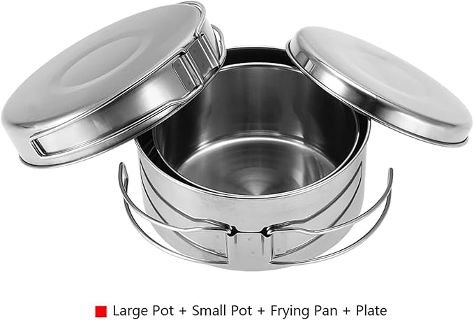 Camping Cooking Set Backpacking Camping Cookware Mess Kit 4Pcs Portable Stainless Steel Camping Picnic Outdoor Pan Pot Plate Tableware
