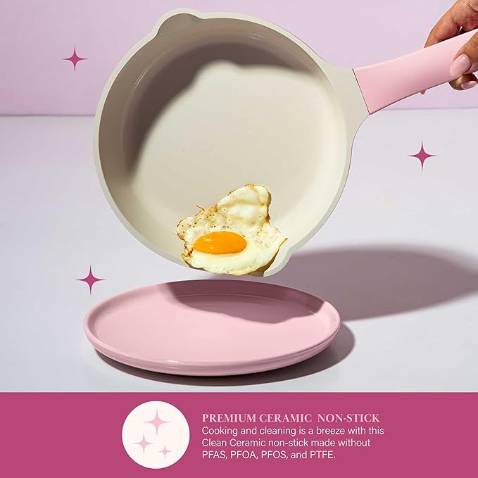 Paris Hilton Ceramic Nonstick Cookware Set Cast Aluminum with Dual Layer Nonstick Coating Gold Heart Knobs Stay-Cool Handles Made without PFAS PFOA PFOS &amp PTFE Dishwasher Safe 10-Piece Pi