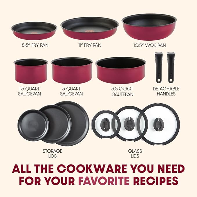 T-fal Ingenio Expertise Non Stick Cookware Set 14 Piece Induction Oven Broiler Safe 500F Cookware Pots and Pans Set RV Camping Frying Pans Dishwasher Safe Detachable/Removable Handle Pink