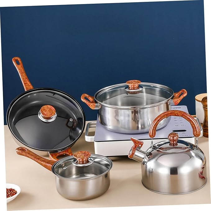 Amosfun 12-Piece Heavy-Duty Stainless Steel Cookware Set Induction Compatible Includes Soup Pot Fry Pan Small Milk Pan and Kettle for Home Kitchen