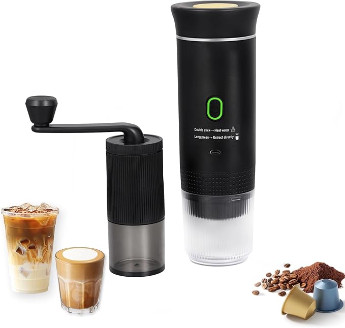 Coffee Maker Set Portable Espresso Machine and Coffee Grinder 3 in 1 Travel Coffee Maker Compatible Ground Coffee Capsules (NS＆DG) for Outdoor Camping Hiking Office