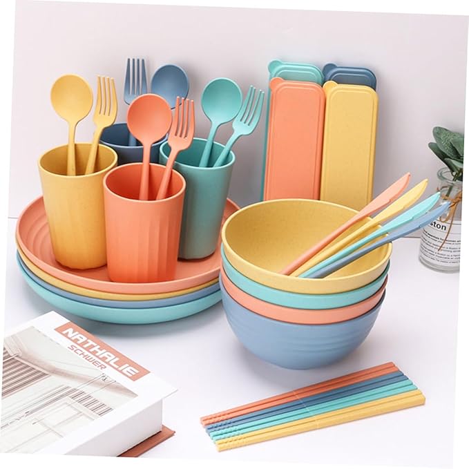 4Sets Portable Wheat Straw Cutlery Set Home Dinnerware Set with Bowls Plates Cups and Utensils Microwave and Dishwasher and Kitchen Tableware