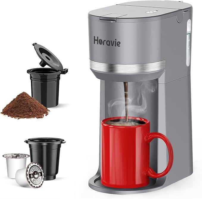 Mini Single Serve Coffee Maker for K Cup Pods and Ground Coffee Fast Brew One Cup Coffee Machine with Descaling Reminder and Water Window 6 to 12 oz. Brew Sizes Gray
