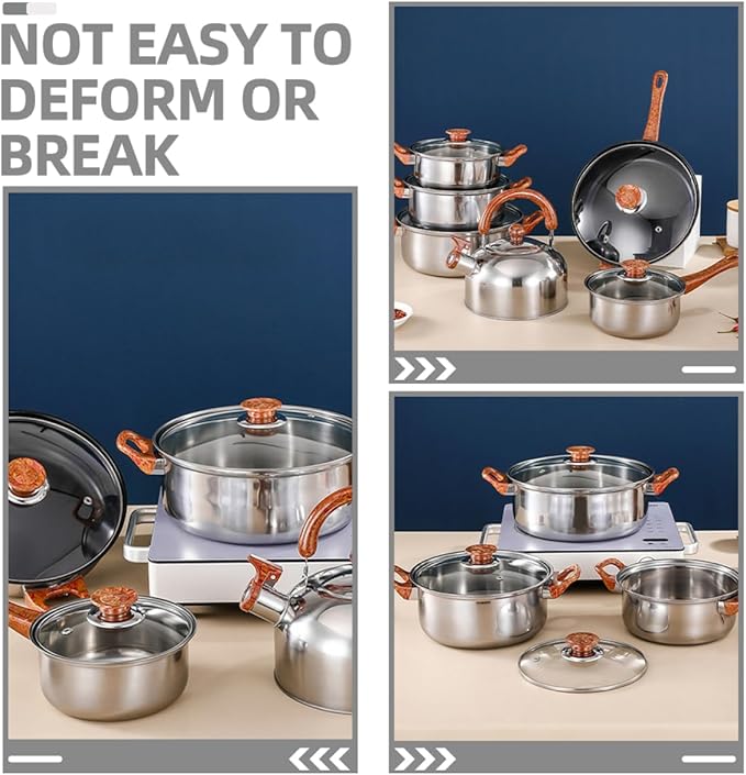 12-Piece Stainless Steel Cookware Set Flat Bottom Frying Pan Soup Pot Milk Pot and Kettle Dishwasher Safe Induction Compatible Thickened Design for Home Cooking