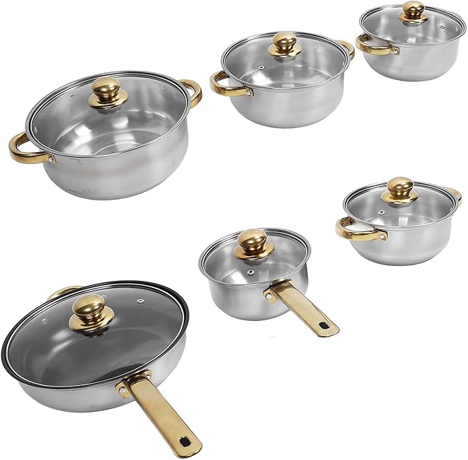 Stainless Steel Cookware Set Premium sturdy Pan Pot Kitchen Restaurant (Gold Handle)