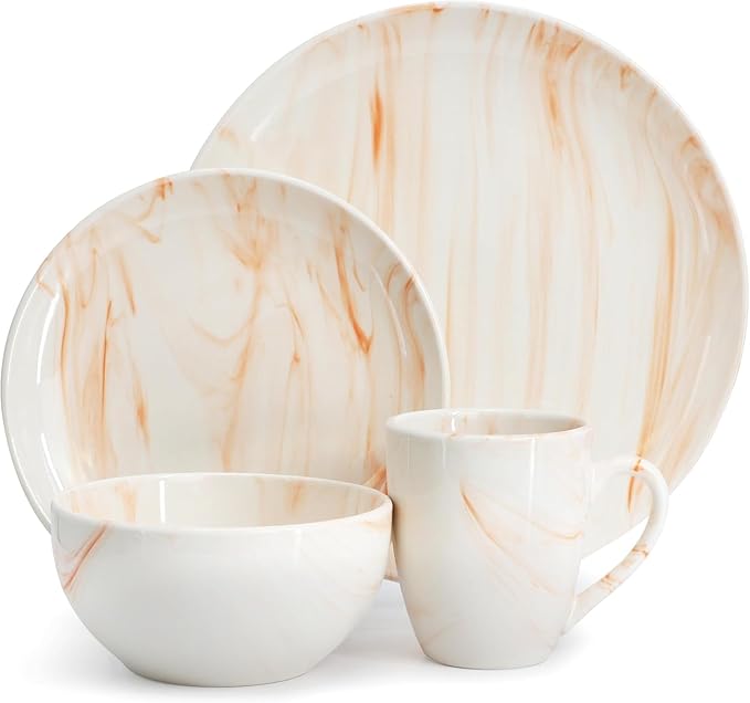 16 Piece Porcelain Marble Dinnerware Set in Red and Orange – Service for 4 Dishwasher &amp Microwave Safe (Orange)