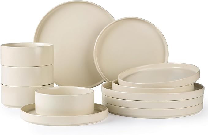 TheTerra Ceramic Dinnerware Sets for 4 12 Pieces Handmade Reactive Glaze Plates and Bowls Set Scratch Resistant Dish Set Oven &amp Microwave &amp Dishwasher Safe Ice Cream