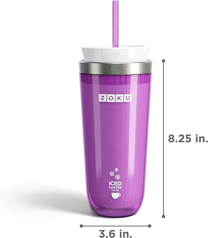 ZOKU Instant Iced Coffee Maker Reusable Beverage Chiller Cools Hot Beverages in Minutes Without Dilution Portable 11-ounce Tumbler With Spill-resistant Lid and Straw Purple