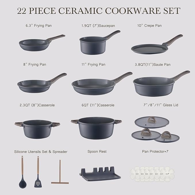 22Pcs Pots and Pans Set Non Stick Non-Toxic Ceramic Cookware Sets Nonstick Kitchen Pot and Pan Set With Lid Gray Granite Induction Compatible with Glass Lids 10 Griddles Frying Pan PFOA/PFOS-Free