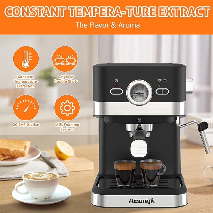 Aeomjk Electric Coffee Machine with Milk Frothing System 20Bar Mini Coffee Maker with Portafilter and Visual Single and Double Serve 1.6Qt Water Tank for Latte Espresso Cappuccino