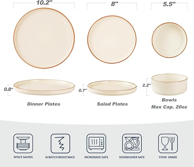 Famiware Nebula Plates and Bowls Sets for 4 12 Pieces Stoneware Dinnerware Set Microwave and Dishwasher Safe Dishes Set Vanilla White with Brown Rim