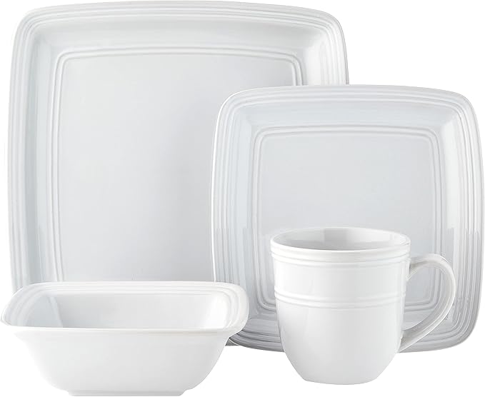 American Atelier Square Dinnerware Sets | White Kitchen Plates Bowls and Mugs | 16 Piece Stoneware Madelyn Collection | Dishwasher &amp Microwave Safe | 10.75 x 10.75 Service for 4