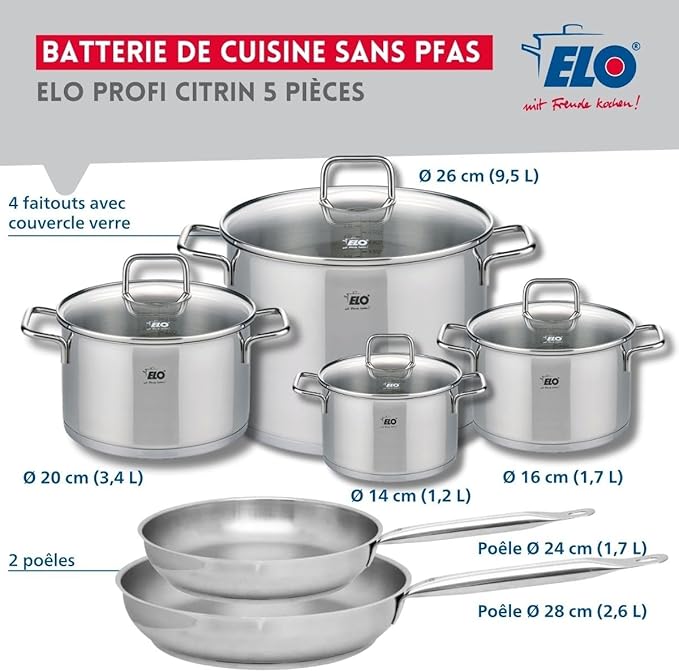 ELO 9504450 6-Piece Cookware Set 2 Frying Pans 24 and 28 cm and 4 Saucepans 14 16 20 and 26 cm Elo Profi Citrine Stainless Steel Induction