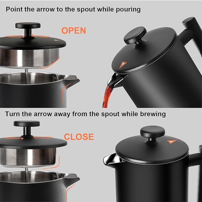 Secura French Press Coffee Maker 304 Grade Stainless Steel Insulated Coffee Press with 2 Extra Screens 34oz (1 Litre) Black