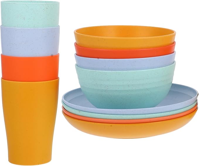 12pcs Wheat Straw Dinnerware Set with Unbreakable Plates Bowls and Cups Microwave Safe Colorful Tableware and Camping Use