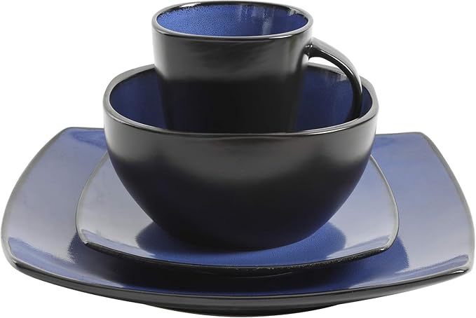 16-Piece Soho Lounge Square Stoneware Dinnerware Set – Bold Colors &amp Modern Design – Microwave &amp Dishwasher Safe (Blue)