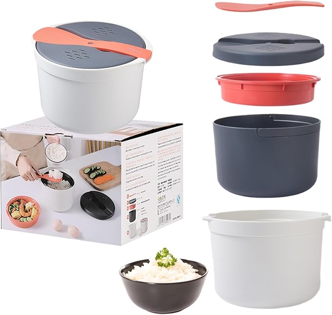 Microwave Rice Cooker Steamer Set: 2L Microwave Pasta Cooker with Rice Spoon Lid Strainer Non-stick Rice Cooker Steaming Pot for Rice Pasta Vegetables Quinoa Oatmeal Ramen (Orange 2)