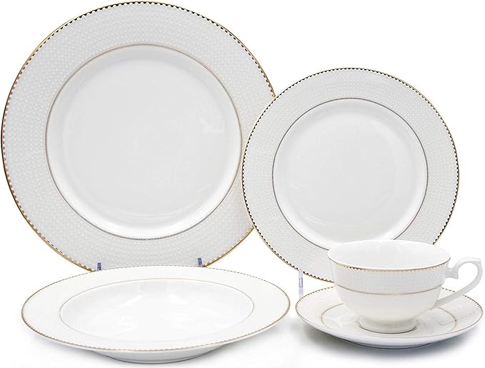 GP6713G-20 Bone Porcelain Dinnerware Set w/Novelty Pattern Elegant Dinner Set Dinner Plates Soup Plates Flat Plates Tea Cups Saucers Service for 4