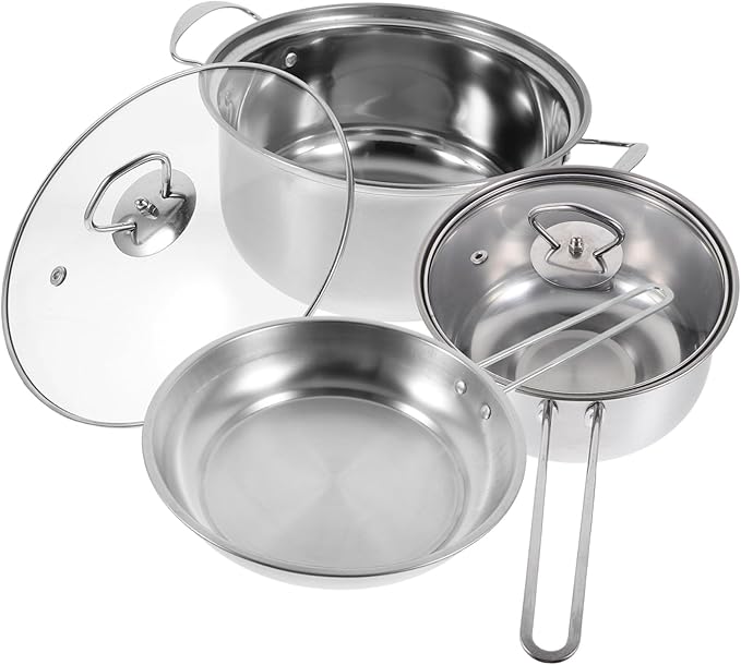 Healifty Stainless Steel Cookware Set with Soup Pot Milk Pot Frying Pan Thick Bottom for Quick Heating with Comfortable Steel Handles for Efficient Kitchen Cooking