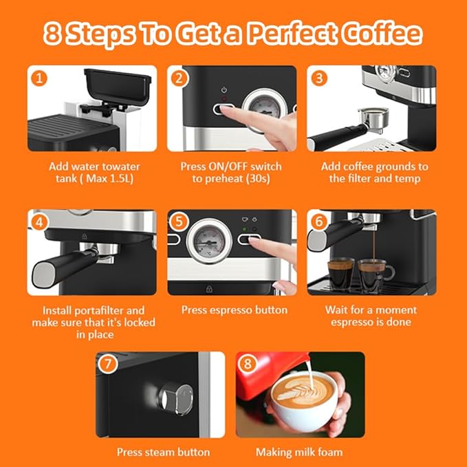 Aeomjk Electric Coffee Machine with Milk Frothing System 20Bar Mini Coffee Maker with Portafilter and Visual Single and Double Serve 1.6Qt Water Tank for Latte Espresso Cappuccino