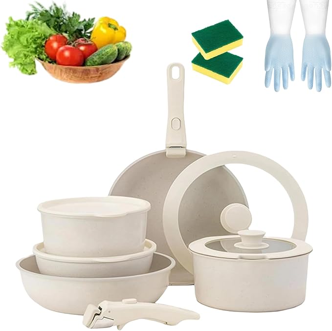Pots and Pans Sets Non Stick 5/11PCS Ceramic Cookware Sets with Detachable Handle Space-Efficient Dishwasher Nonstick Cooking Set for Kitchen with All Stovetops (White-11PCS)