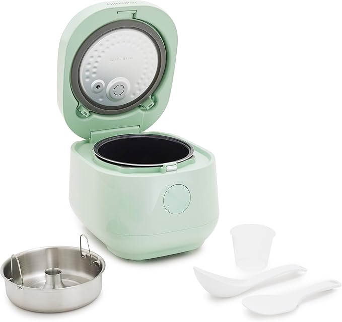GreenPan Rice Cooker 8 Cups Cooked (4 Uncooked) Low-Carb &amp Soup Mode10 ONE-TOUCH Cooking Presets PFAS-Free Ceramic Steamer Basket Fuzzy Logic Auto Keep Warm Oats 24HR Delay Timer Mint Gre