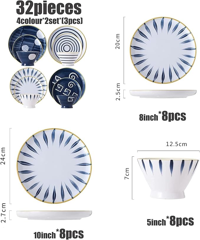 Dinnerware Set Japanese Style 4 Colors Includes 4-Piece Dinner Plates 4-Piece Salad Plates and 4-Piece Bowls24Pieces for 8A