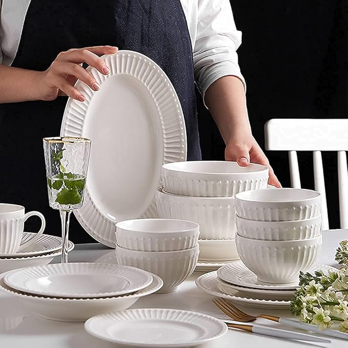 Dinnerware Sets Dish Set19 PcssPorcelain Tableware Set with Plates and BowlsWhite Ceramic Dinner SetMicrowave and Dishwasher Safe(