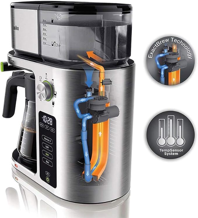 Braun MultiServe Coffee Machine 7 Programmable Brew Sizes / 3 Strengths + Iced Coffee &amp Hot Water for Tea Glass Carafe (10-Cup) Stainless Steel KF9170SI &amp KG7070 Burr Grinder Stainless Ste