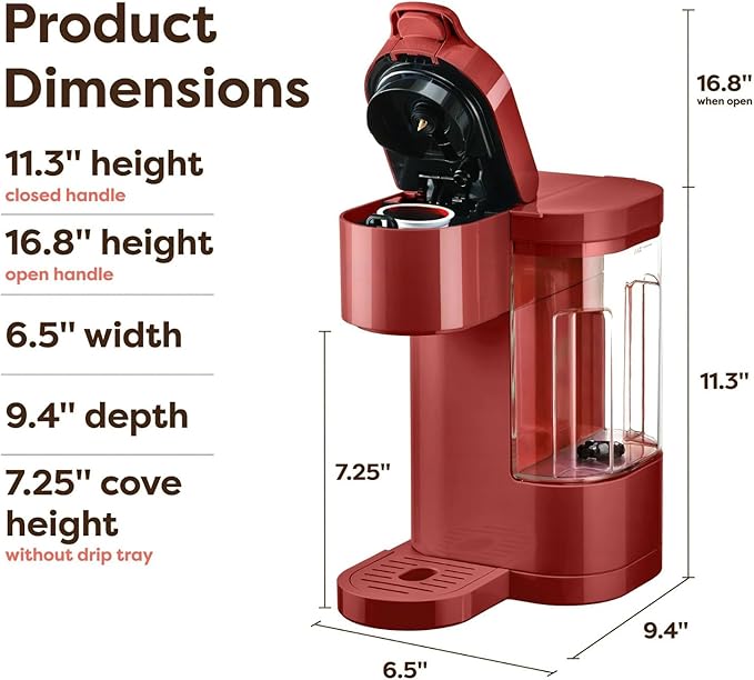 Express Essentials Single-Serve KCup Pod Coffee Maker 3 Cup Sizes Fast Fresh Brew 30oz Removable Water Reservoir Travel Mug Friendly Maintenance Alert Space-Saving (Red)