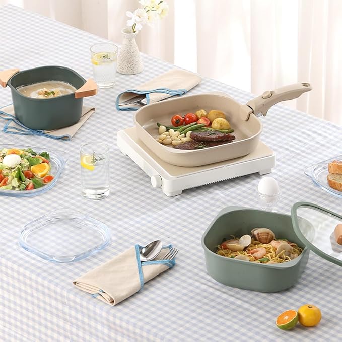 FIKA Objet Comfort 7-Piece Kitchen Nonstick Healthy Cooking Cookware Set with Lid Detachable Handle Induction Compatible All-in-One Kitcheware Easy to Store Great Gift Made in Korea (GREEN)