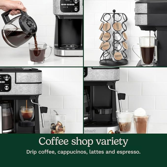 Cuisinart Coffeemaker Coffee Center Barista Bar 4-In-1 Coffee Machine Single-Serve Coffee Espresso &amp Nespresso Capsule Compatible 12-Cup Carafe Silver Crystal SS-4N1SC
