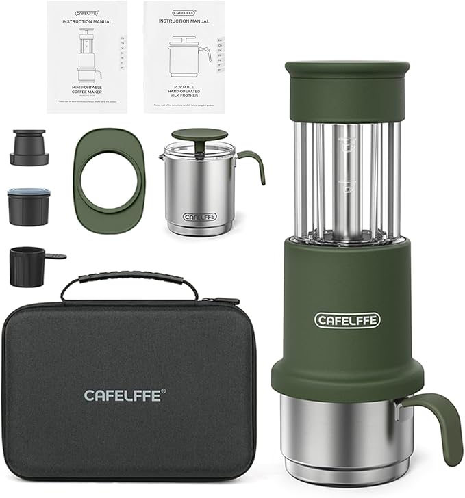 EasytoClean Portable Coffee Maker Set 3-in-1 Design with Capsule &amp Ground Coffee Compatibility Milk Frothing Pitcher Ideal for Traveling Camping Hiking (Green)