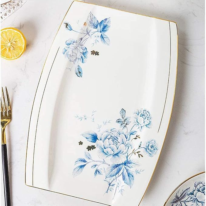 65 pcs Dinnerware Set Serves for 10 People Line Drawing Decoration Bone China Tableware SetPremium Quality Porcelain Dishes/Plate/BowlDishwasher &amp Microwave SafeBlue (63pcs Serves for 10)