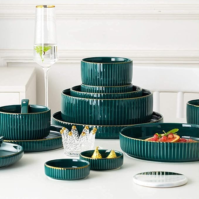 Dinnerware Sets - Luxury Dishes Service Set Ceramics Dinner Sets Bowl/Dish/Spoon|Green Gold Rim Pattern Dinnerware Set Porcelain Combination Set