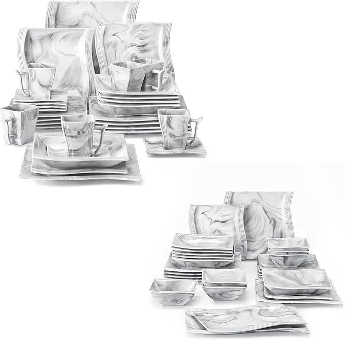 MALACASA 30 Piece Marble Grey Square Dinnerware Sets Bundle With 26 Piece Plates and Bowls Sets Series FLORA