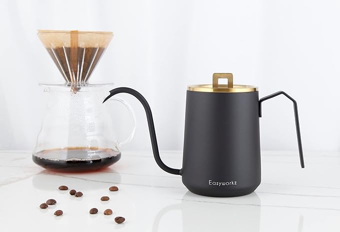 Easyworkz Gooseneck Pour Over Coffee Kettle 20 oz Stainless Steel Hand Drip Coffee Pot With Long Narrow Spout Brass Gold Black