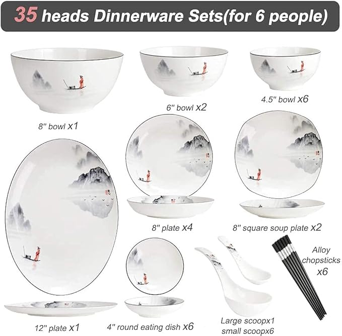 Elegant Dinnerware Set Dinner Plates Bowls Set Porcelain Dishes Dinner Sets Chinese Style Dinner Plates And Bowls In Glazed Microwave Dishware Safe Service For 6/8/10/135Pcs
