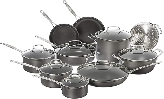 Cuisinart 17-Piece Pots and Pans Set Non Stick Hard Anodized Cookware Set Compatible with Electric Gas Cooktops Dishwasher Safe Oven Safe Pot Set Cool Grip Handles Aluminum Core for Even Heat