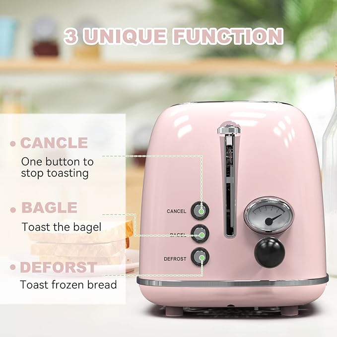 Toaster 2 sliceRetro Stainless Steel Toaster with 6 Settings 1.5 In Extra Wide Slots Bagel/Defrost/Cancel Function Removable Crumb Tray (Baby pink)