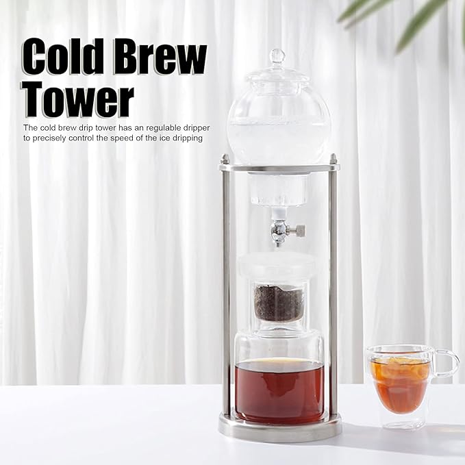 Cold Brew Coffee Maker 600ml Reusable Ice Coffee Machine Cold Brew Dripper Glass Filtering Transparent Stainless Steel Stand Coffee Dripper for Home Office