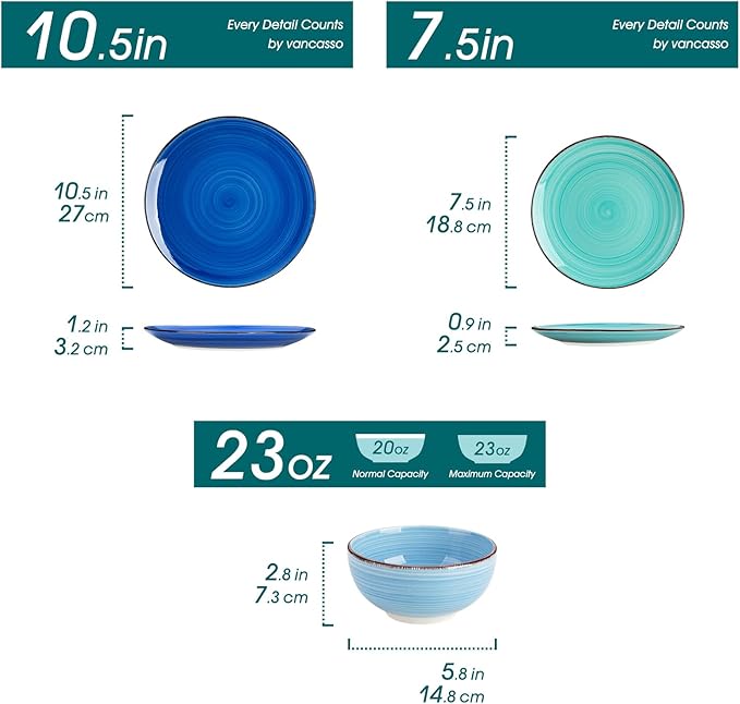 vancasso Bonita Dinnerware Set Blue Stoneware 18 Pieces Service for 6 Handpainted Spirals Pattern Stoneware Plates and Bowls Set