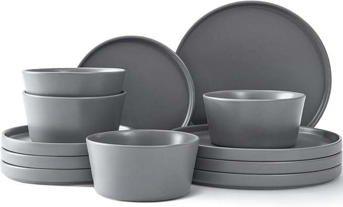 Asrug Gray 12-Piece Plates and Bowls SetsCeramic Dish Sets for 4 Chip Resistant and Scratch Dinnerware Set Dining Dinner Porcelain Dishware Microwave and Dishwasher Safe (Gray)